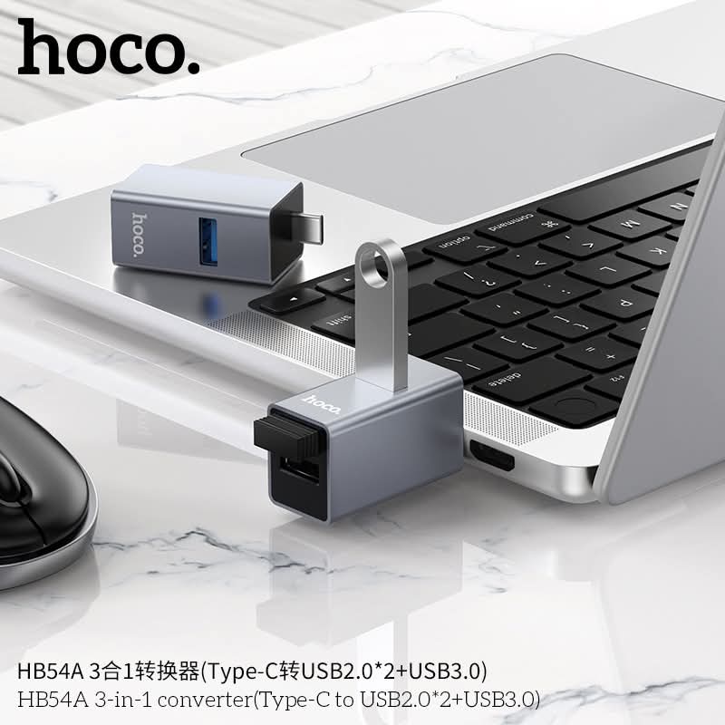 HB54A 3-in-1 Converter featuring a Type-C to USB 3.0 and dual USB 2.0 interface.