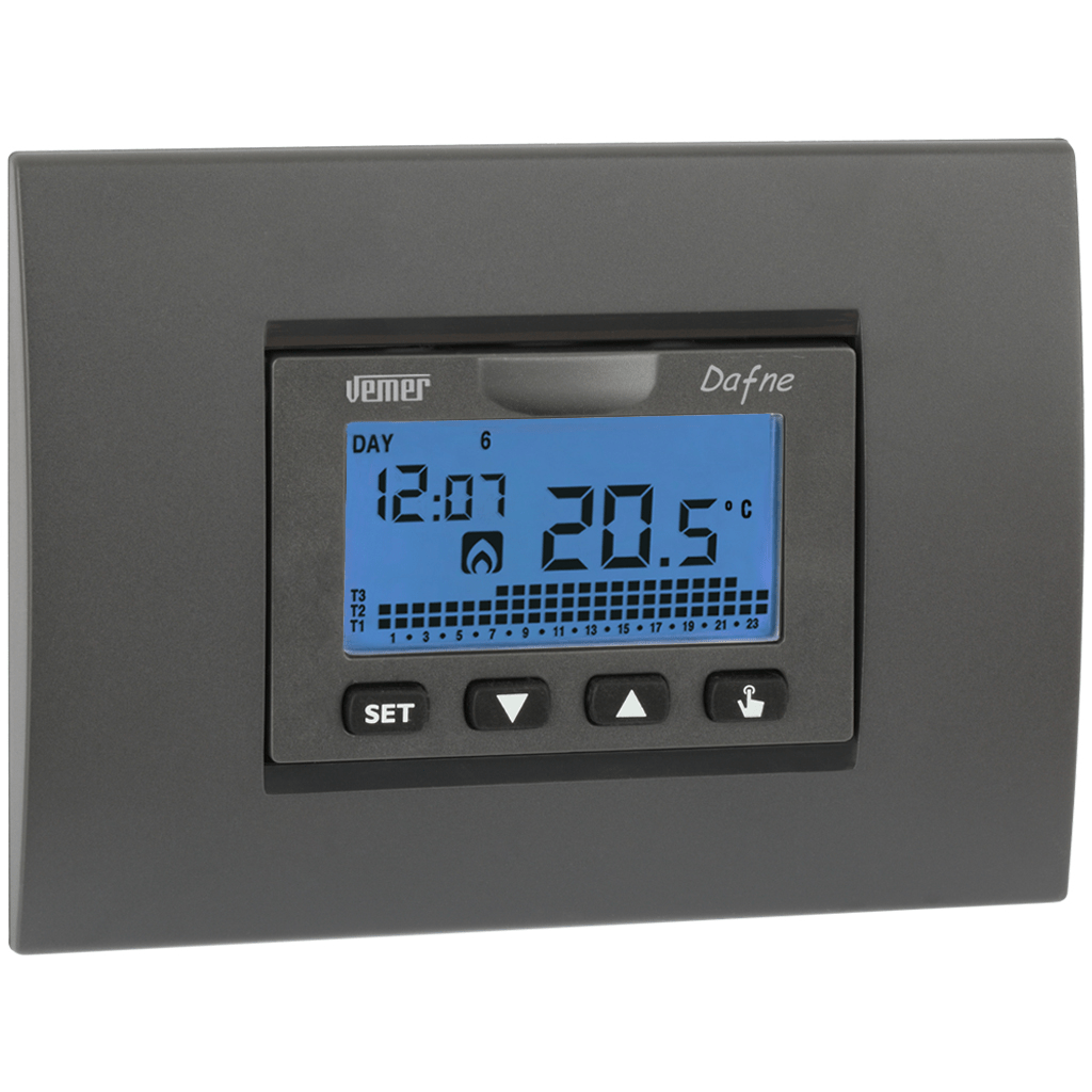 Vemer Chronothermostats - Flush-mounting
Dafne Built-in smart thermostat with weekly programming.