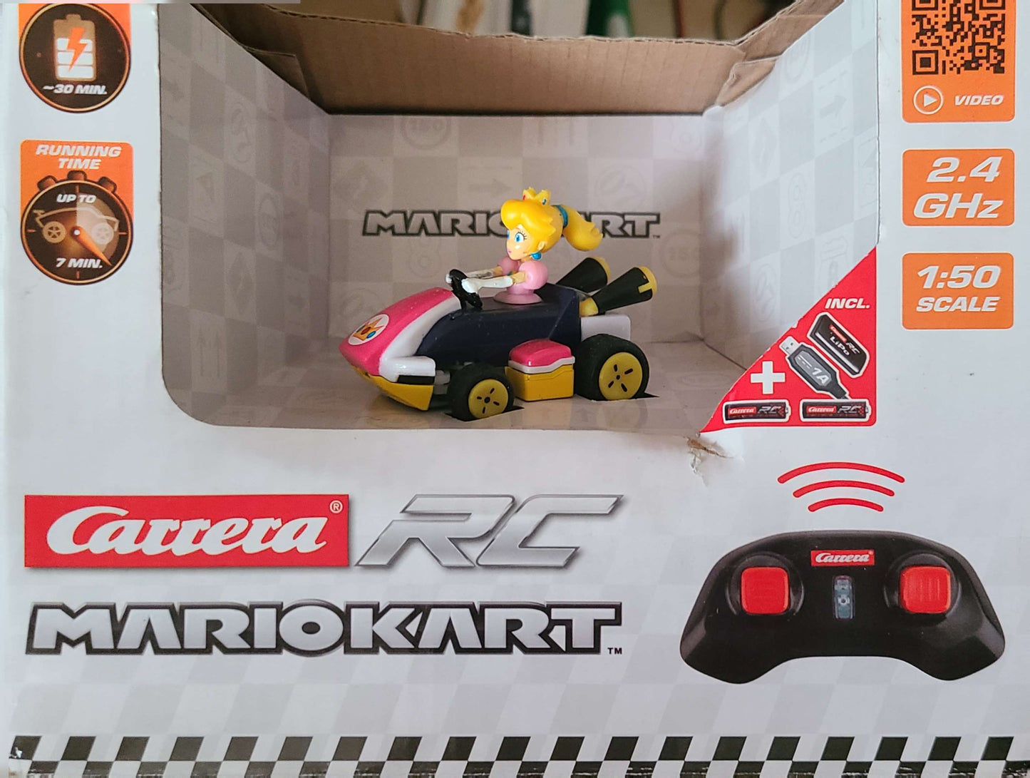 Carrera RC Mario Kart Mini RC featuring Princess Peach, a remote-controlled car designed for fans of the Super Mario Bros franchise