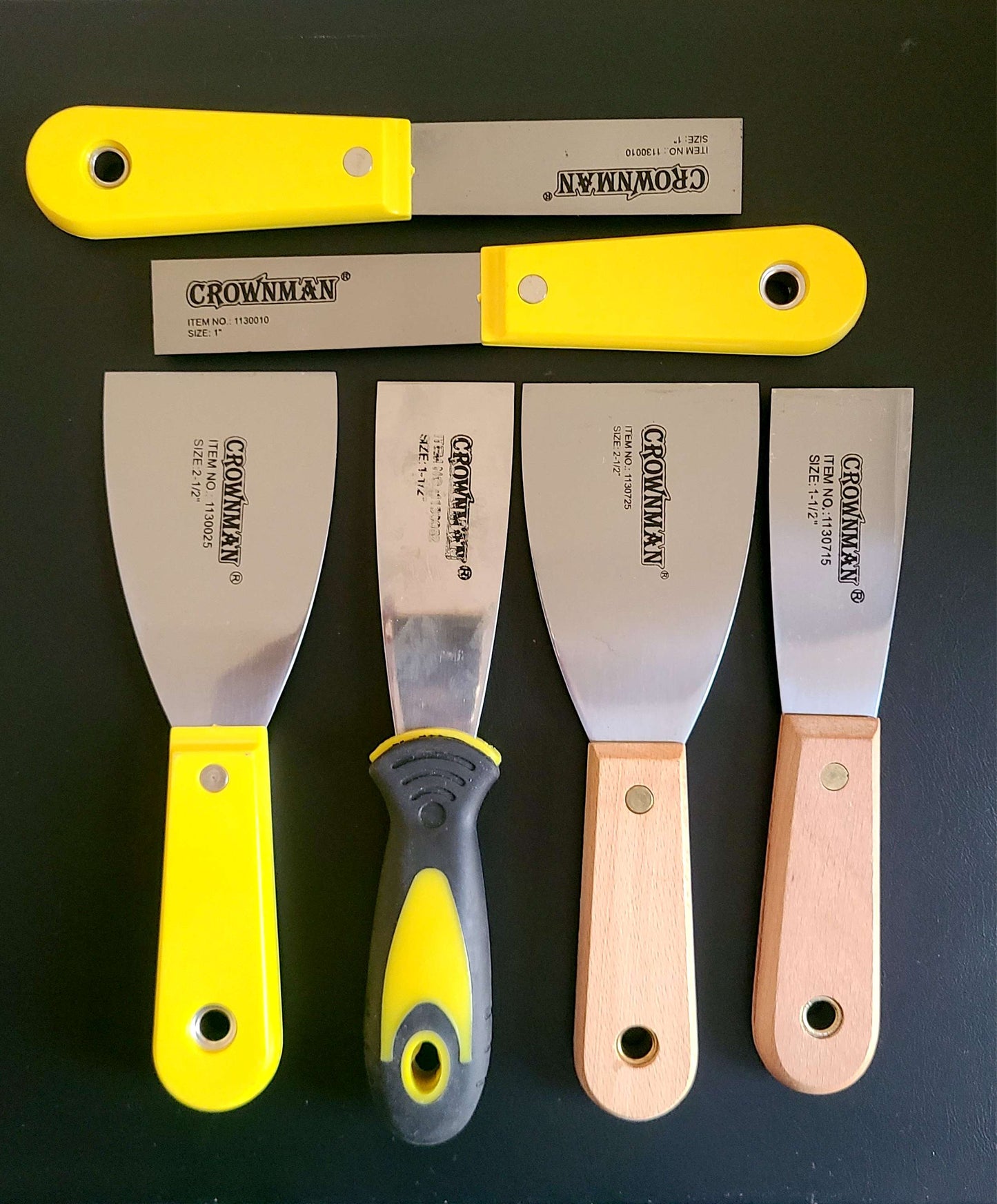 Crownman stainless steel spatula with a yellow handle + Wooden Handle 3, 4, 7 cm, 6 pieces.