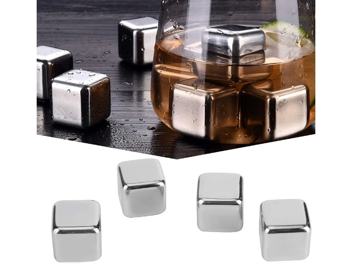 304 Stainless Steel Quick Freezing Metal Stones, Ice Cubes Whiskey Stones, Reusable Metal Chilling Rocks with Ice Tong and Tray, Chilling Stone for Whiskey, Wine, Beverage Juice(4PCS)