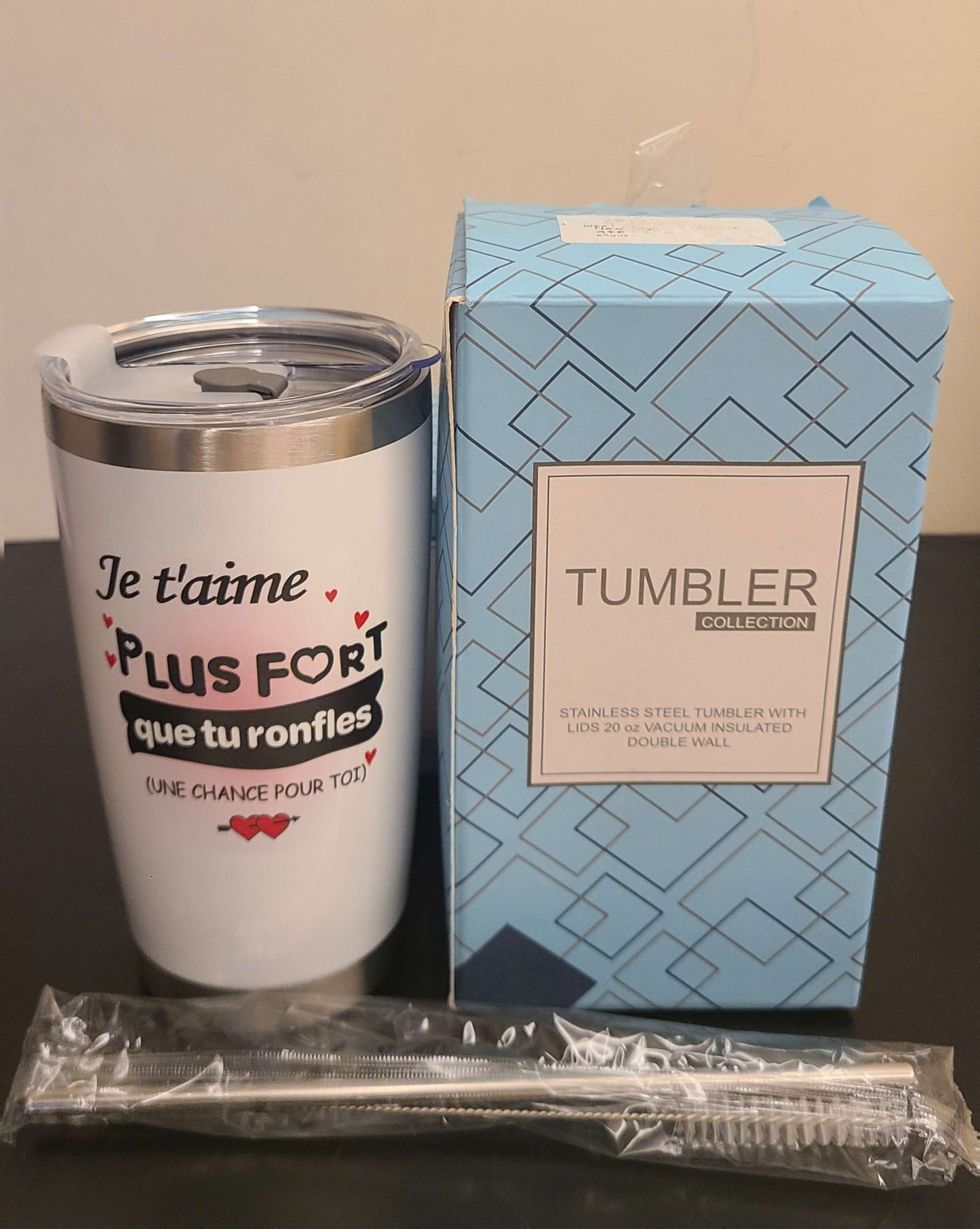 Tumbler Collection stainless steel 20 oz Mug " je t'aime plus fort que tu ronfles"