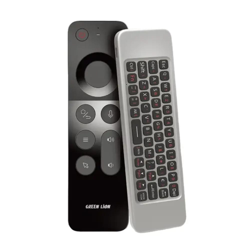 Green Lion 4 in 1 Wireless Remote featuring a black design with dedicated voice control and navigation buttons.