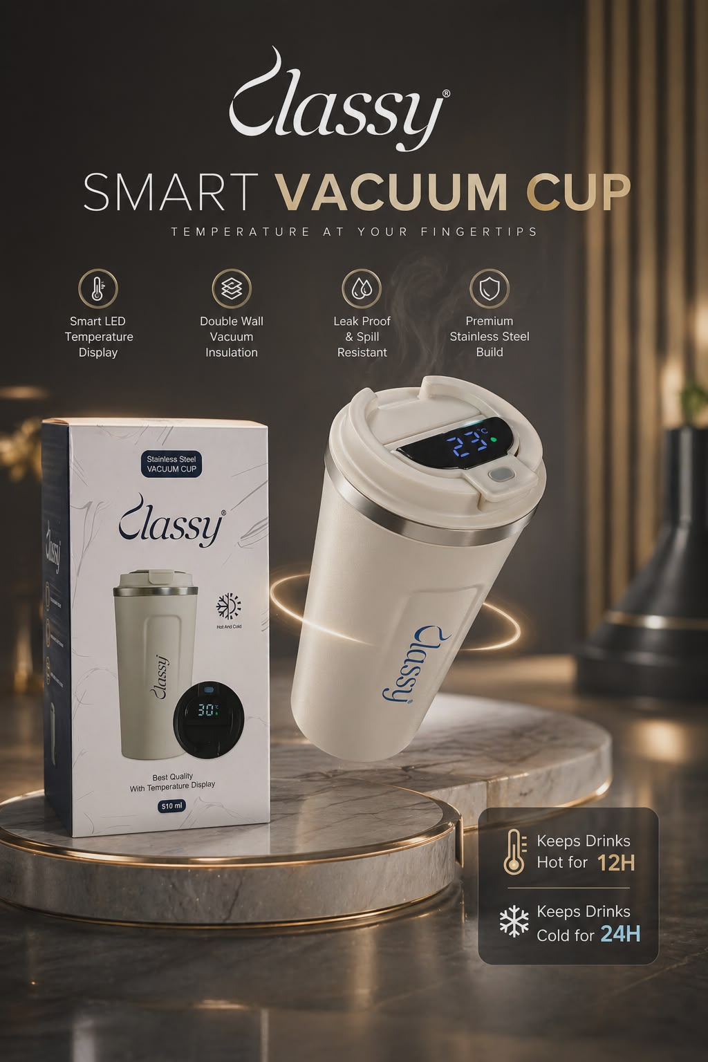 Classy - Smart Vacuum Cup with a White Finish & a Digital Temperature Display.