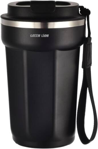 Green Lion Vacuum Mug 380 ml, 4-6 Hrs Cold & Hot, Double-Wall Vacuum Insulation, Exquisite Appearance, Food-grade material, Bottle Carrier Strap, Stainless Steel Material (Black)