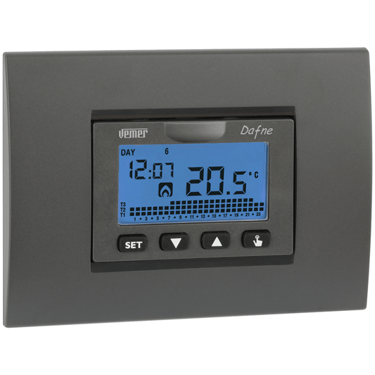 Vemer Chronothermostats - Flush-mounting
Dafne Built-in smart thermostat with weekly programming.