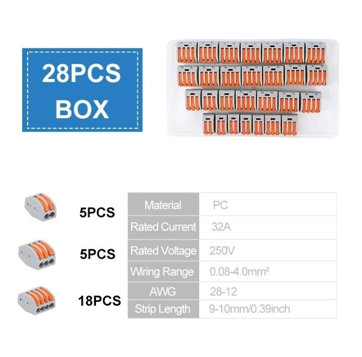 28PCS Box Insulated Lighting Din Rail Power Electrical Push-in Mini Compact Quick Wiring Cable Connector Terminal Block
