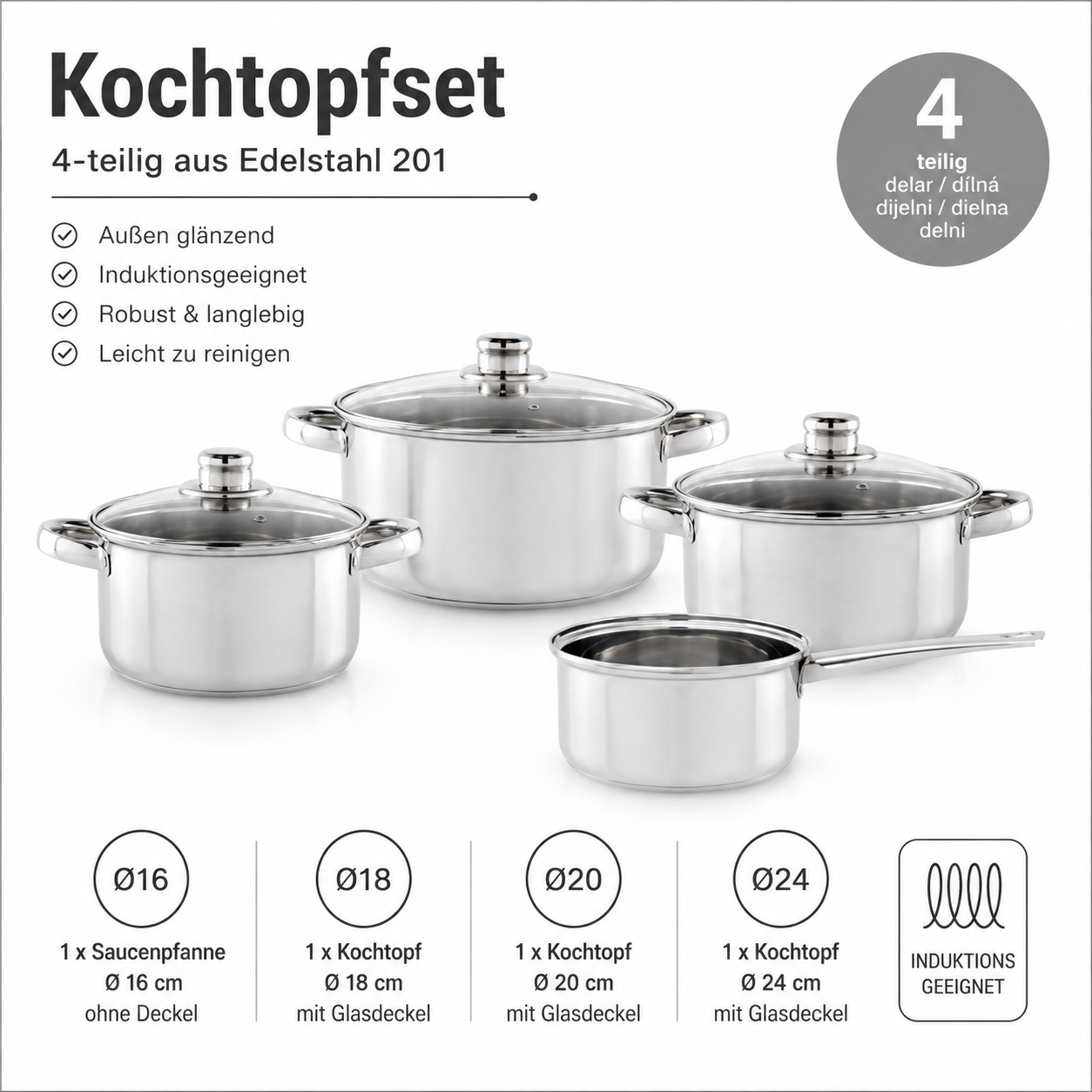 Homeware - Cookware set Stainless Steel 4 pieces, Suitable for Induction