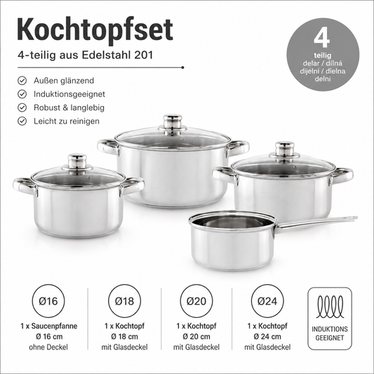 Homeware - Cookware set Stainless Steel 4 pieces, Suitable for Induction