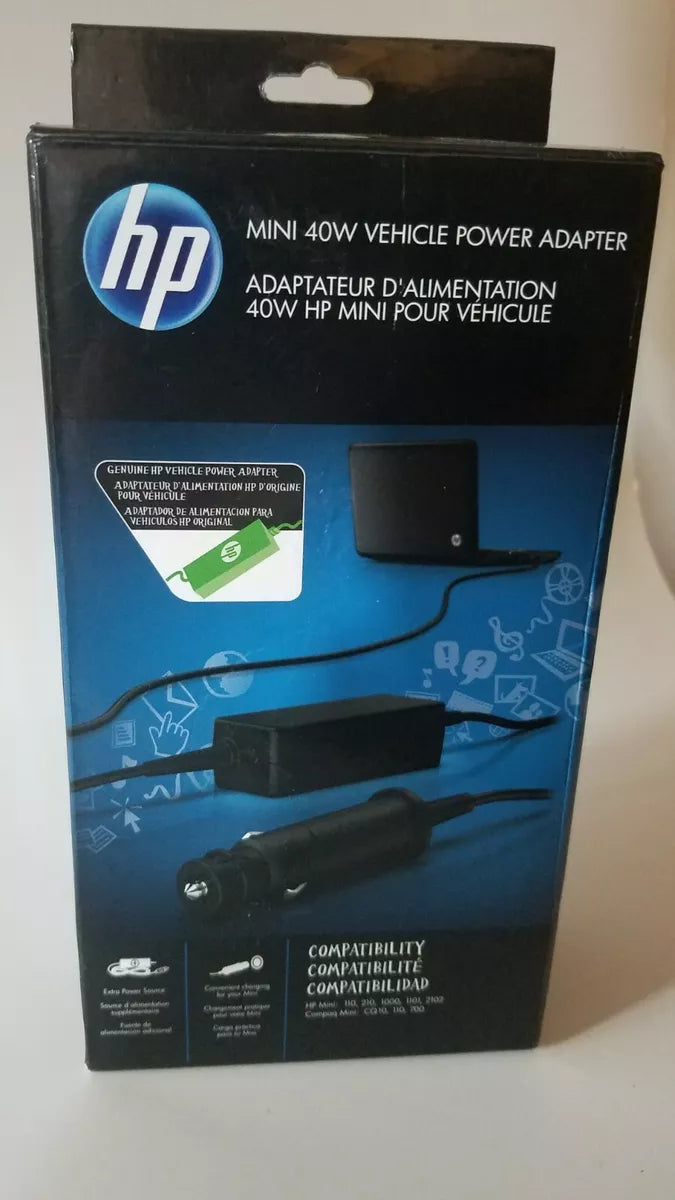 HP Mini 40W Vehicle Power adapter, designed to charge Laptops in a vehicle.