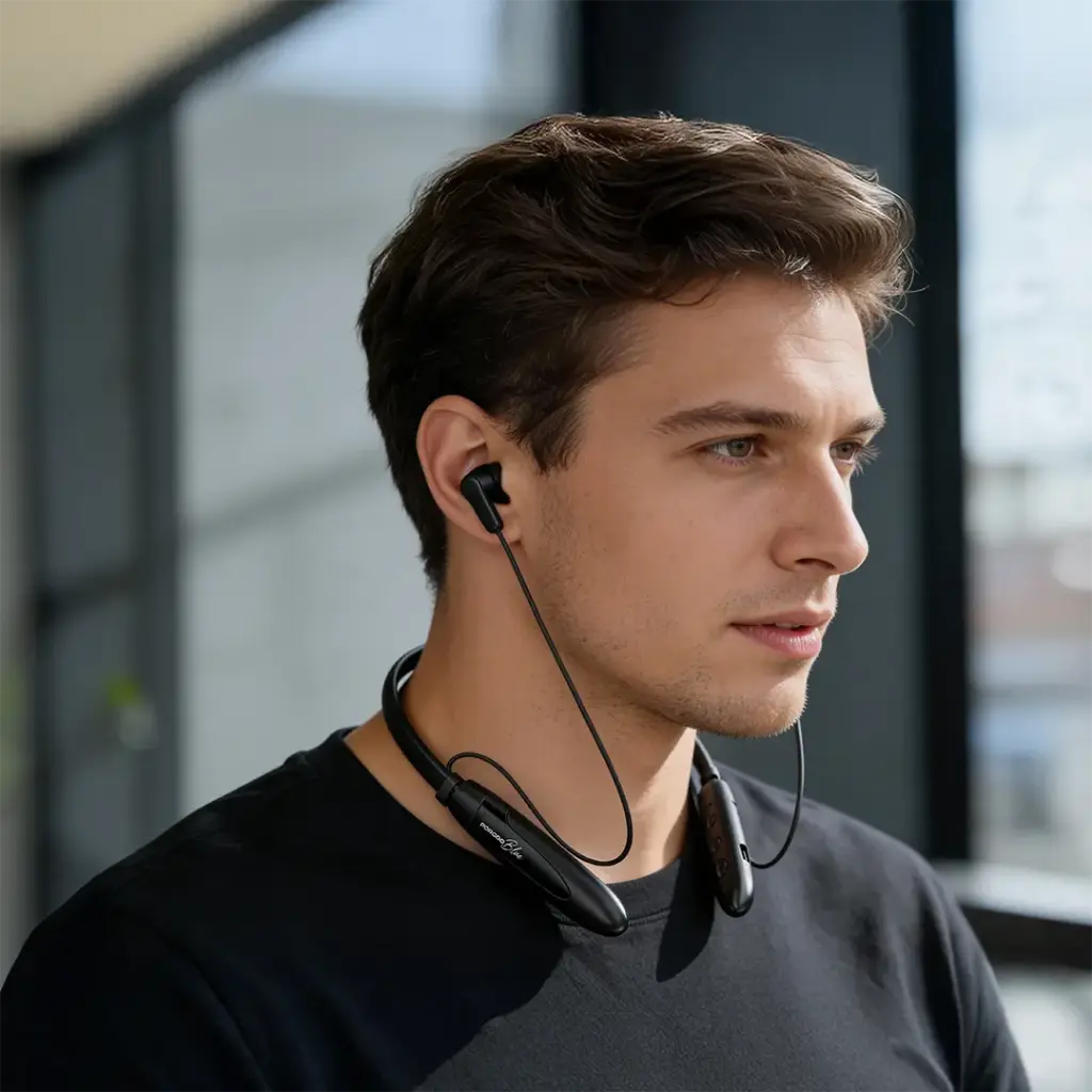 Porodo Blue Wireless Magnetic Earbuds in black.