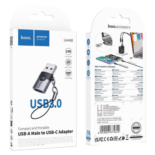 Hoco UA46B Victory series USB-A male to USB-C female adapter.