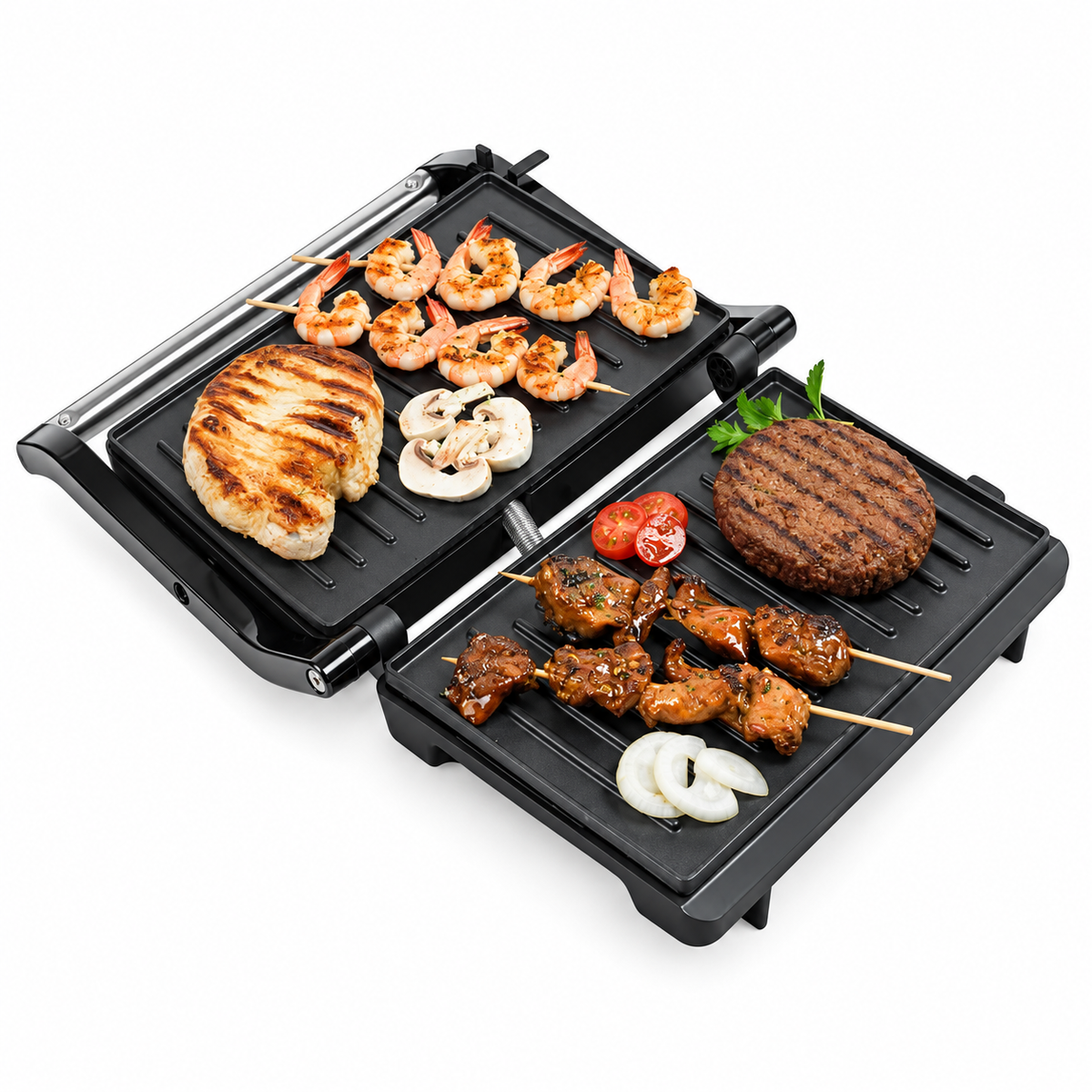 Bestron APG150 Panini Contact Grill Hinged, Plastic, 750 W, Black, Silver
