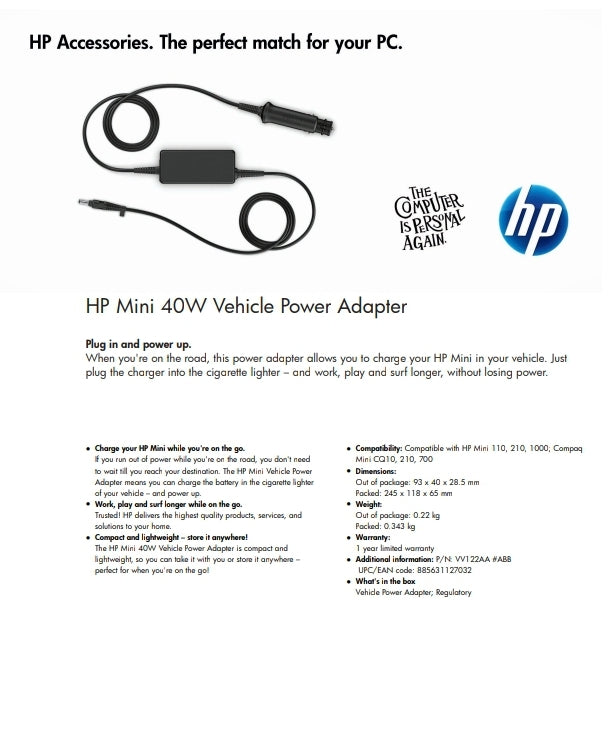 HP Mini 40W Vehicle Power adapter, designed to charge Laptops in a vehicle.