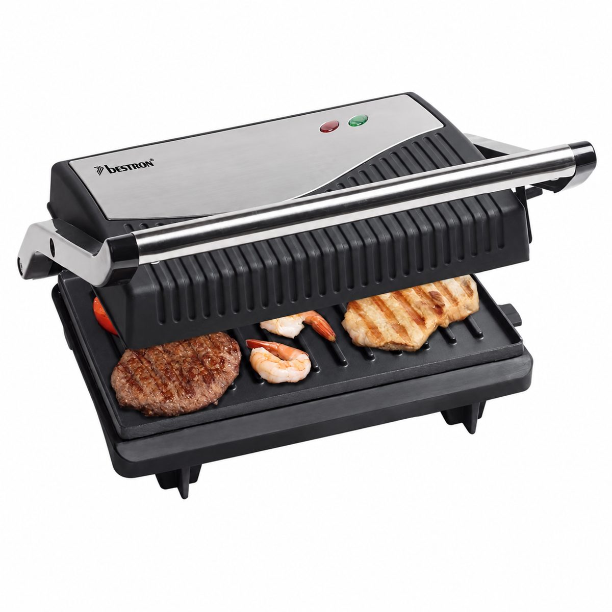 Bestron APG150 Panini Contact Grill Hinged, Plastic, 750 W, Black, Silver