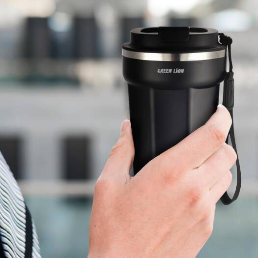 Green Lion Vacuum Mug 380 ml, 4-6 Hrs Cold & Hot, Double-Wall Vacuum Insulation, Exquisite Appearance, Food-grade material, Bottle Carrier Strap, Stainless Steel Material (Black)