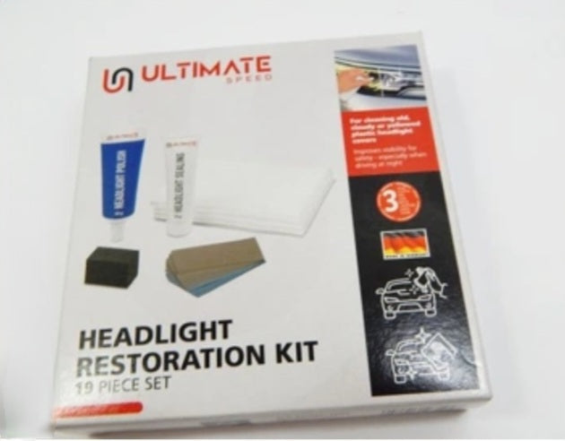 Ultimate Speed Headlight Restoration Kit, a 19-piece set designed for restoring old cloudy lights