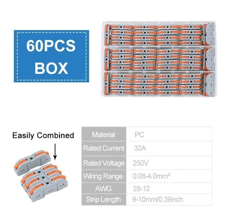 60PCS Box Insulated Can Power Plug Spring Din Rail Compact PCT Quick Docking Cable Push in Wire Connector Butt Terminal Block