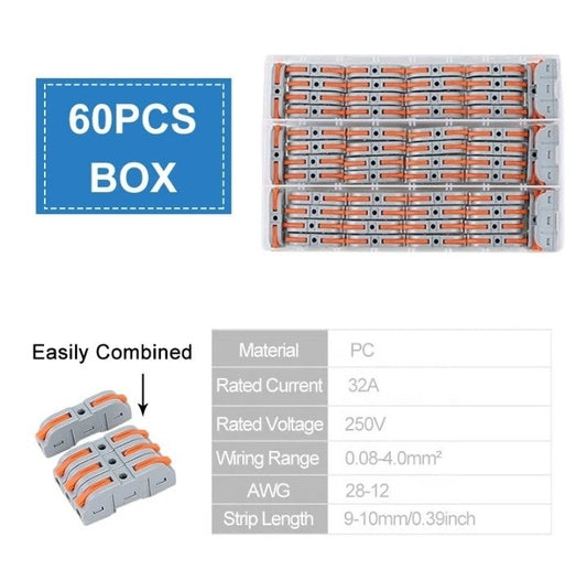 60PCS Box Insulated Can Power Plug Spring Din Rail Compact PCT Quick Docking Cable Push in Wire Connector Butt Terminal Block