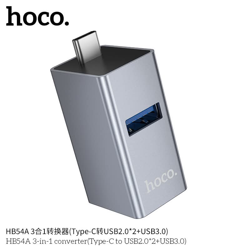 HB54A 3-in-1 Converter featuring a Type-C to USB 3.0 and dual USB 2.0 interface.