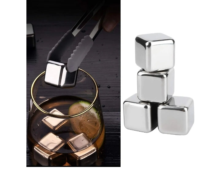 304 Stainless Steel Quick Freezing Metal Stones, Ice Cubes Whiskey Stones, Reusable Metal Chilling Rocks with Ice Tong and Tray, Chilling Stone for Whiskey, Wine, Beverage Juice(4PCS)