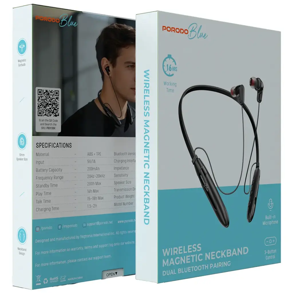Porodo Blue Wireless Magnetic Earbuds in black.