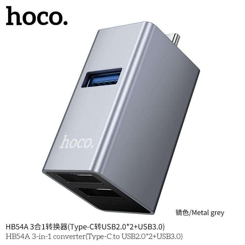 HB54A 3-in-1 Converter featuring a Type-C to USB 3.0 and dual USB 2.0 interface.