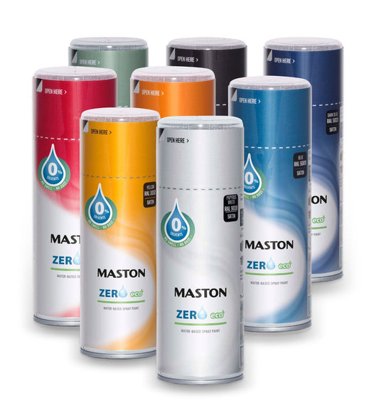 Maston Zero Eco water-based spray paints available in various colors and finishes.