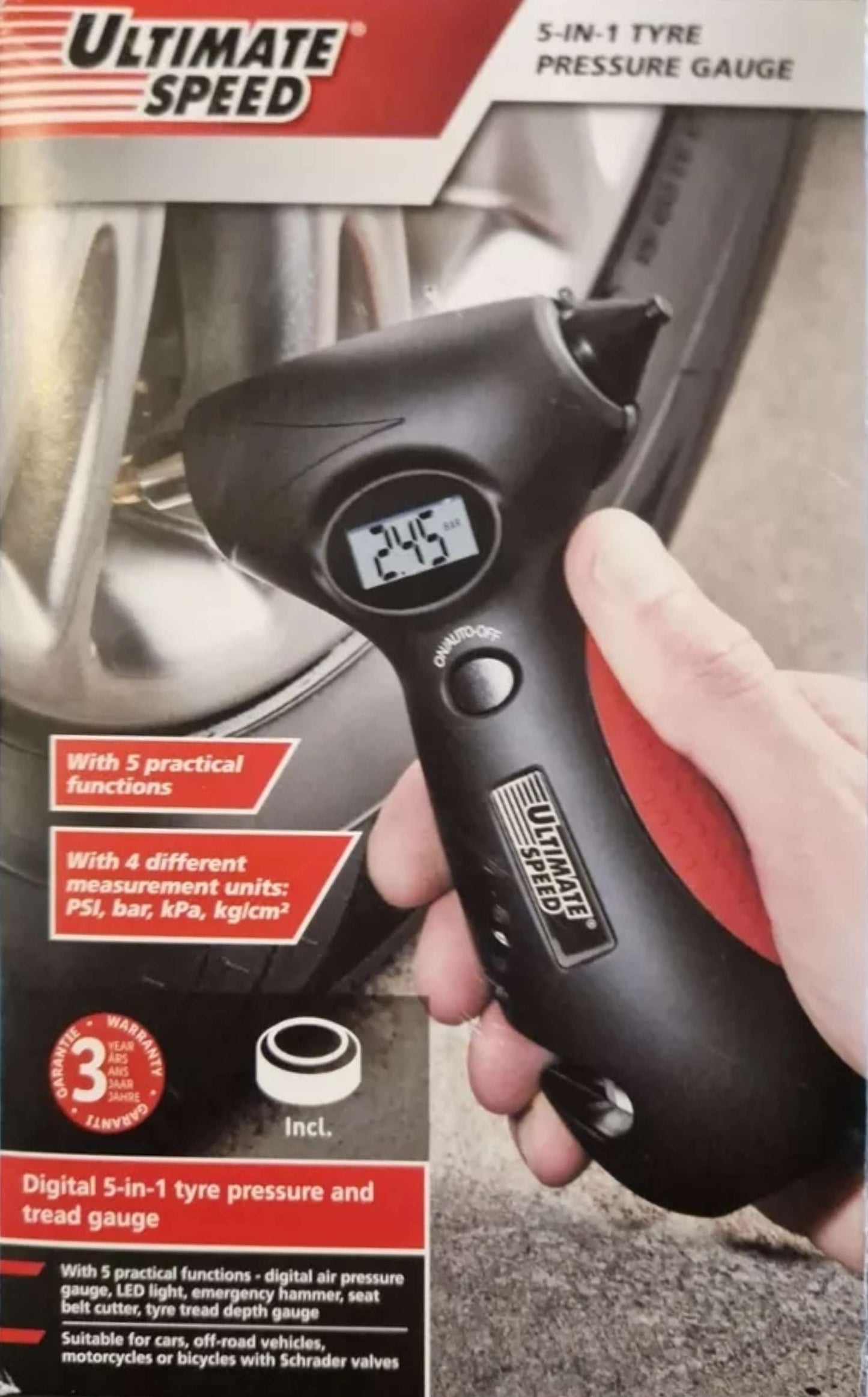 Ultimate Speed 5-in-1 Tyre Pressure & Thread Gauge LCD Display