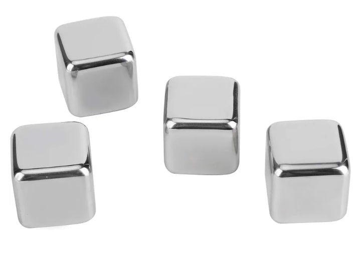 304 Stainless Steel Quick Freezing Metal Stones, Ice Cubes Whiskey Stones, Reusable Metal Chilling Rocks with Ice Tong and Tray, Chilling Stone for Whiskey, Wine, Beverage Juice(4PCS)