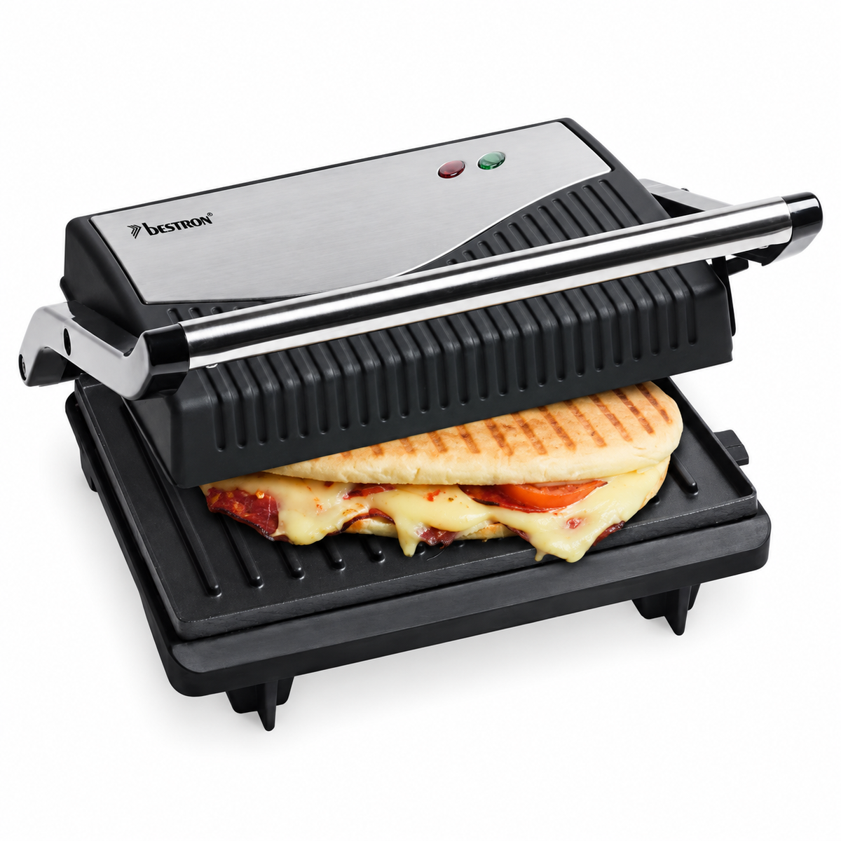 Bestron APG150 Panini Contact Grill Hinged, Plastic, 750 W, Black, Silver