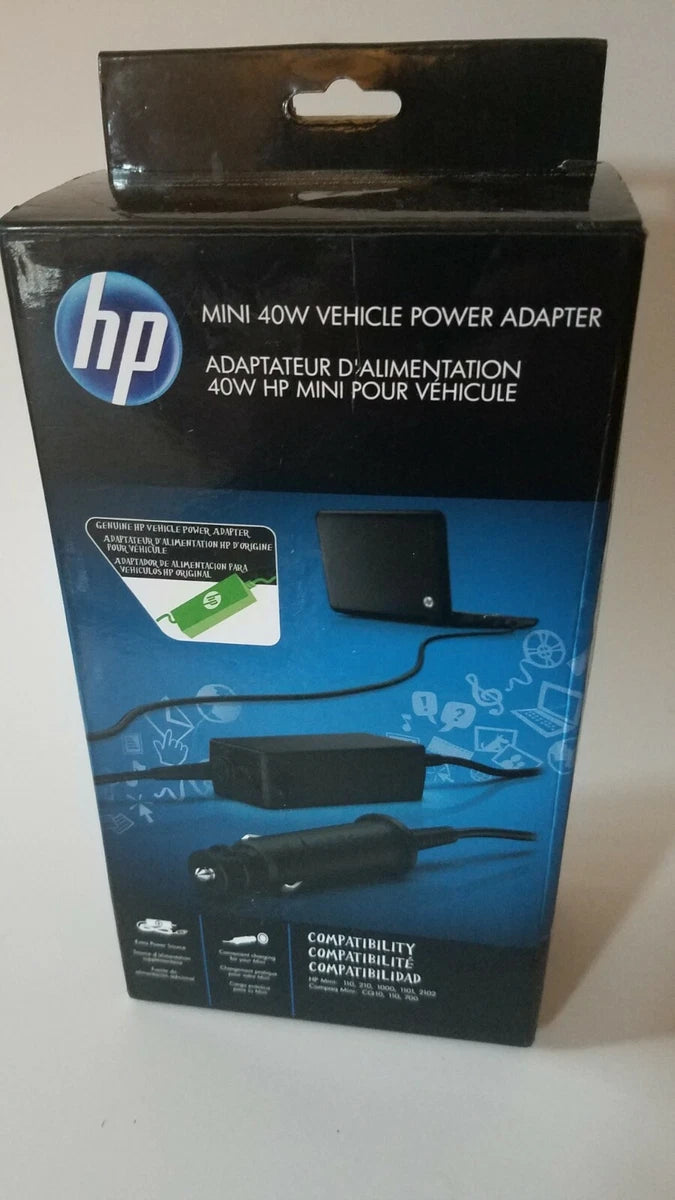 HP Mini 40W Vehicle Power adapter, designed to charge Laptops in a vehicle.