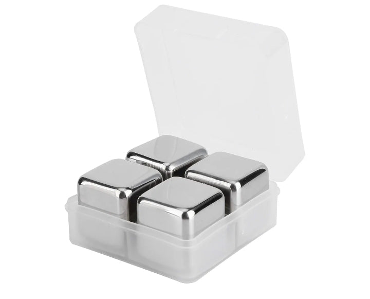 304 Stainless Steel Quick Freezing Metal Stones, Ice Cubes Whiskey Stones, Reusable Metal Chilling Rocks with Ice Tong and Tray, Chilling Stone for Whiskey, Wine, Beverage Juice(4PCS)