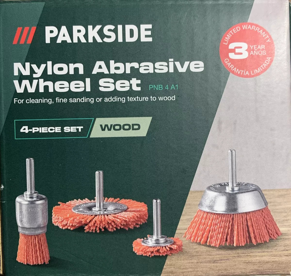 Parkside - Nylon Abrasive Wheel Set. For Cleaning, Fine Sanding, or Adding Texture To Wood.