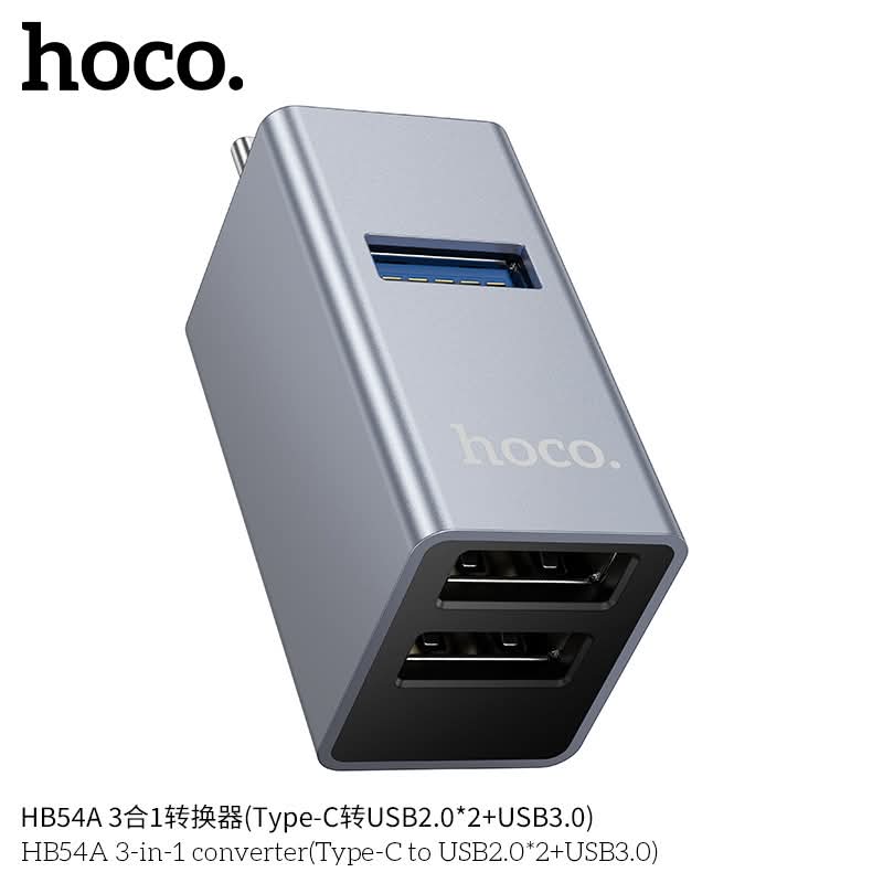 HB54A 3-in-1 Converter featuring a Type-C to USB 3.0 and dual USB 2.0 interface.