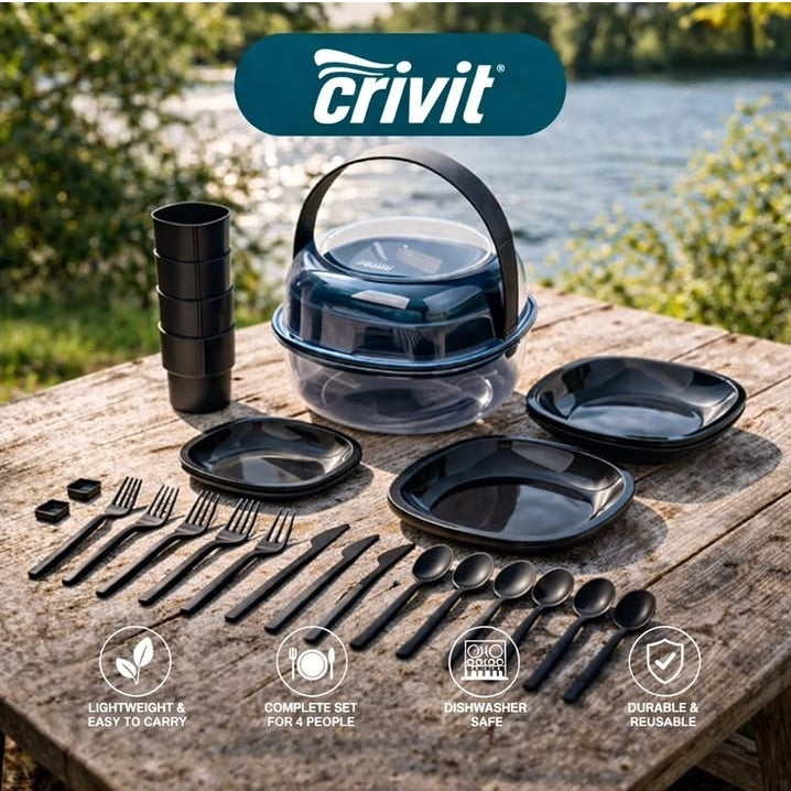Crivit - 33-piece Camping Tableware Set, for Outdoor Activities like Picnics, Hiking, and Barbecues.