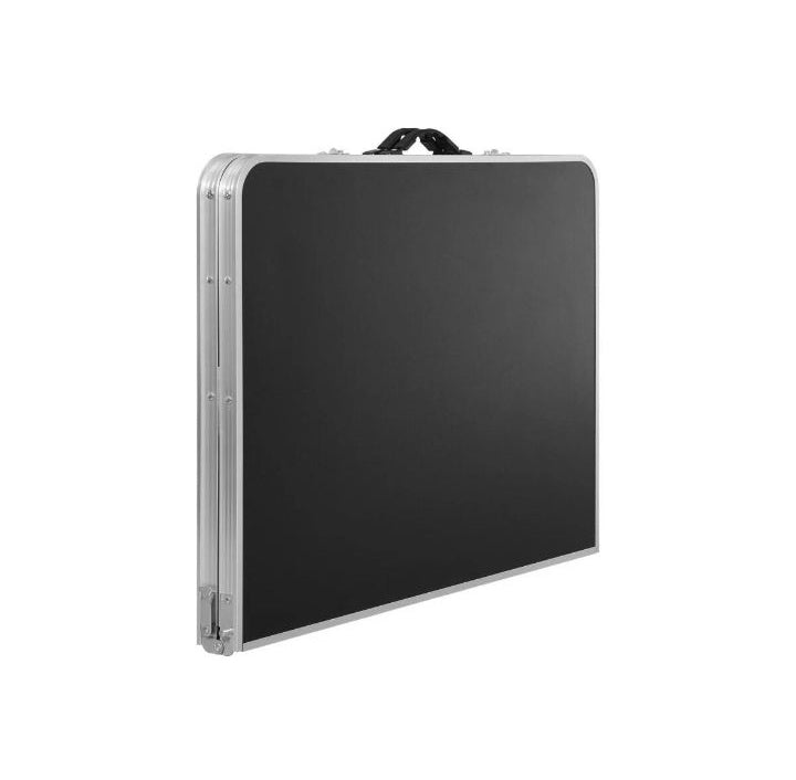 Crivit foldable camping table with a black surface, measuring approximately 120 x 80 x 71 cm.