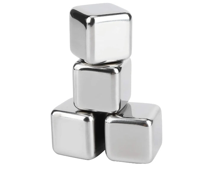 304 Stainless Steel Quick Freezing Metal Stones, Ice Cubes Whiskey Stones, Reusable Metal Chilling Rocks with Ice Tong and Tray, Chilling Stone for Whiskey, Wine, Beverage Juice(4PCS)