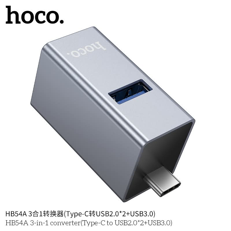 HB54A 3-in-1 Converter featuring a Type-C to USB 3.0 and dual USB 2.0 interface.