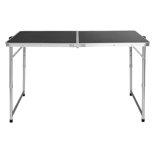 Crivit foldable camping table with a black surface, measuring approximately 120 x 80 x 71 cm.