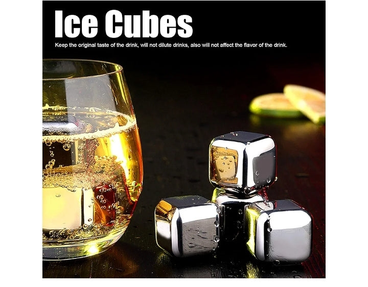 304 Stainless Steel Quick Freezing Metal Stones, Ice Cubes Whiskey Stones, Reusable Metal Chilling Rocks with Ice Tong and Tray, Chilling Stone for Whiskey, Wine, Beverage Juice(4PCS)