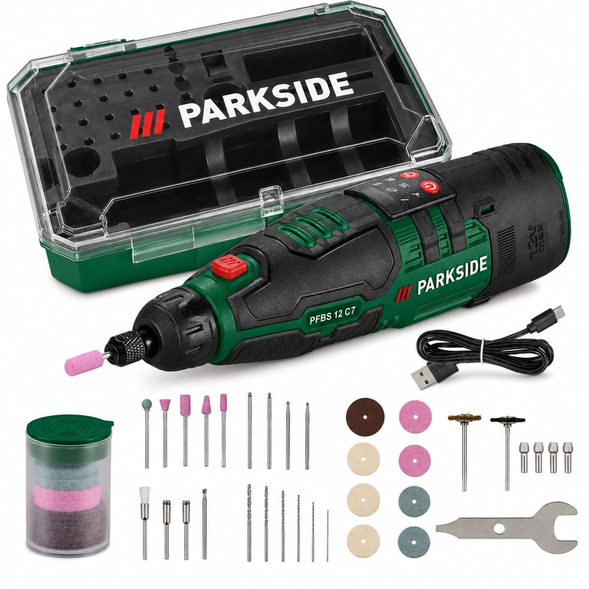 Parkside 12V Cordless Rotary Tool (model PFBS 12 C7) designed for precision drilling, grinding, and polishing.
