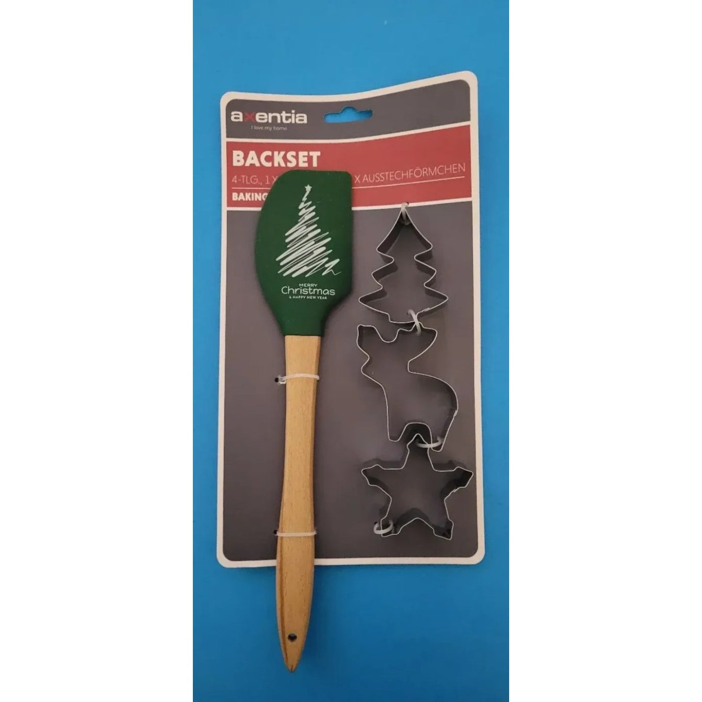 Axentia Backset - Green Silicone Spatula with a "Merry Christmas" Tree Design & Matching Cookie Cutters.
