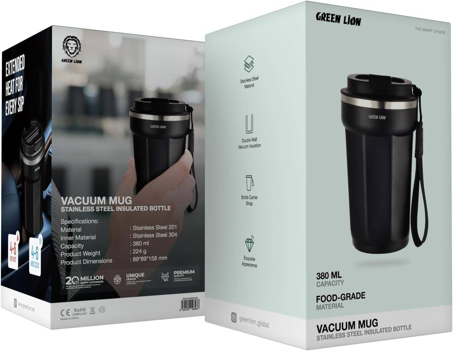 Green Lion Vacuum Mug 380 ml, 4-6 Hrs Cold & Hot, Double-Wall Vacuum Insulation, Exquisite Appearance, Food-grade material, Bottle Carrier Strap, Stainless Steel Material (Black)